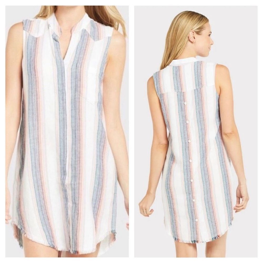 Cloth & Stone Sunburst Fray Button Down Linen Blend‎ Sleeveless Shirt Dress Sz S